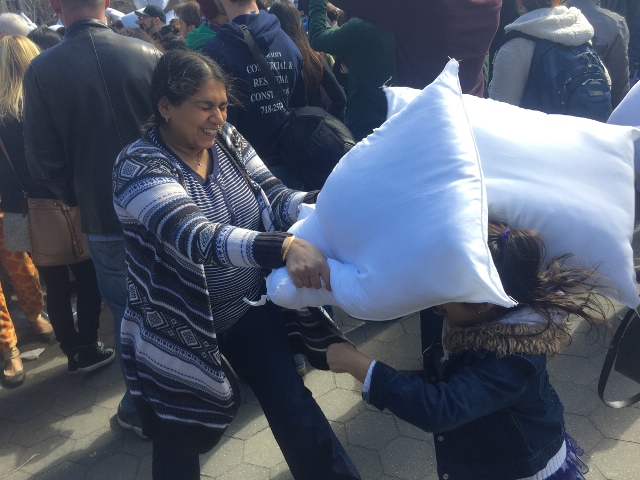 Being tourists in their own city - Mama & Daughter time at International Pillow Fight Day in NYC.